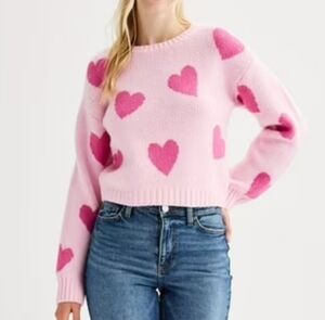 SO Crewneck Drop-Shoulder Pullover Cropped Sweater, Pink Hearts, Size XS